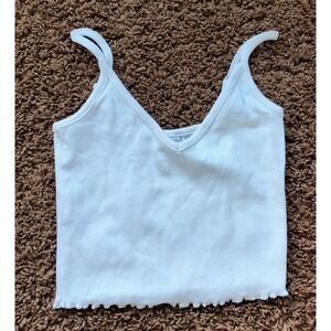 Collusion White Ribbed V-Neck Cami Tank Top Lettuce Edge‎ Hem US 4 09829212 NWOT